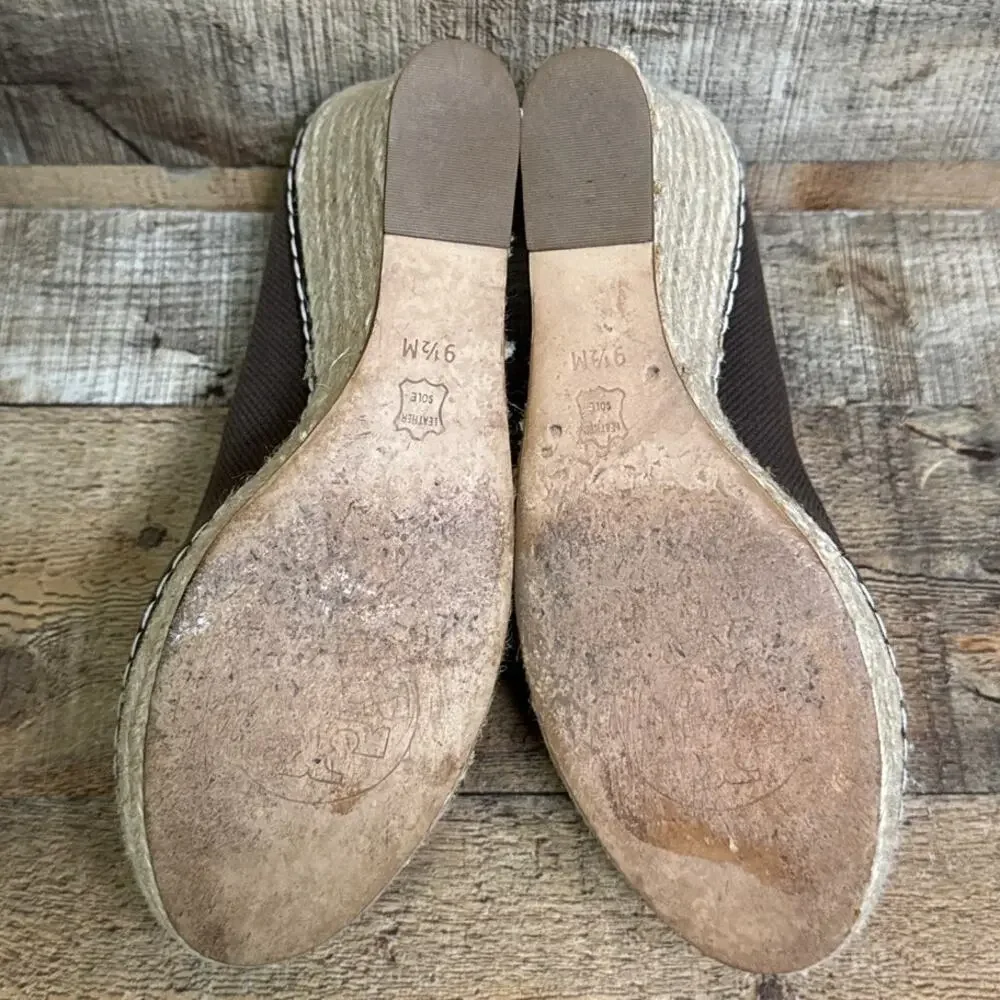 Tory Burch Jackie Brown Canvas Peep Toe Espadrille Wedge Heels Shoes Size 9.5